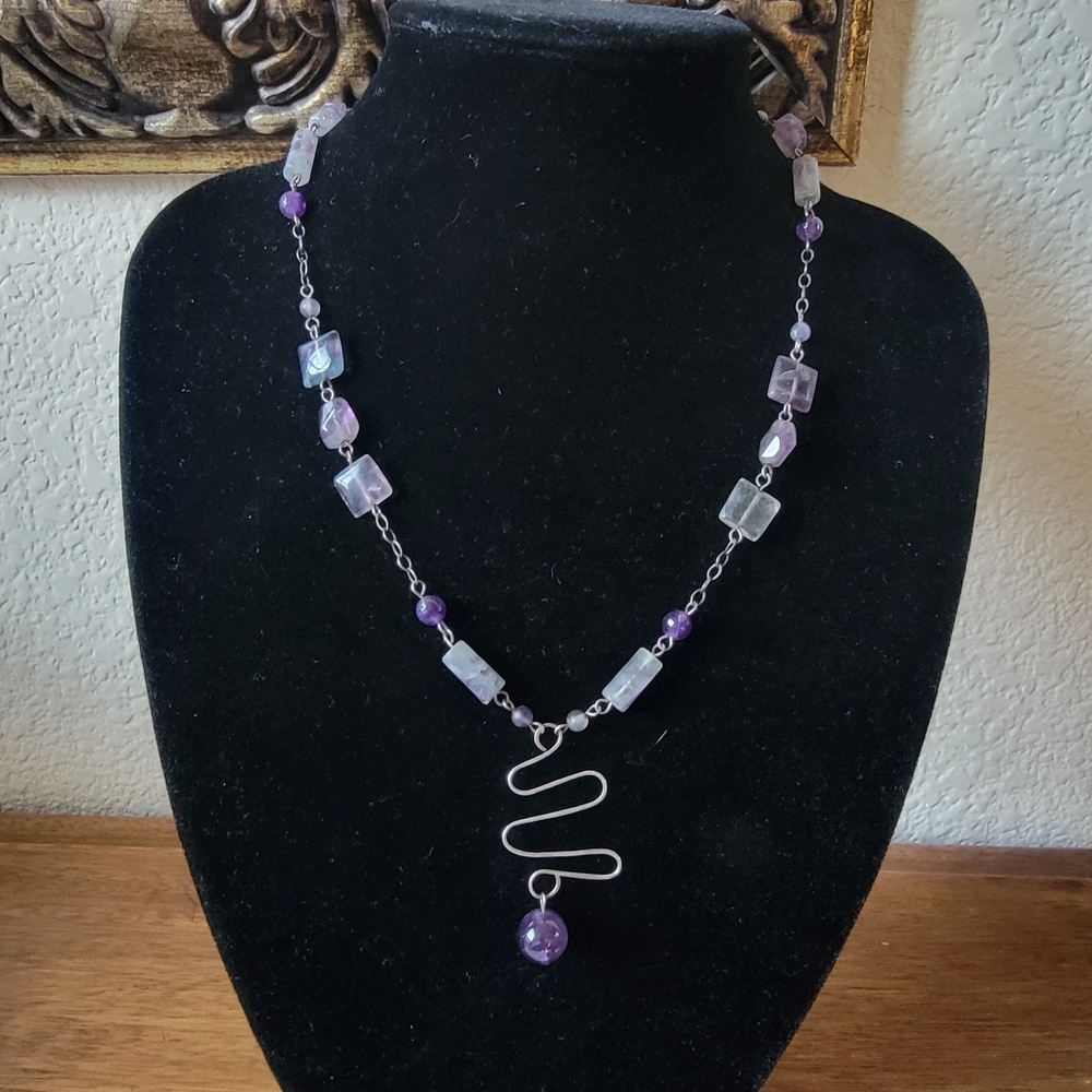 Amethyst Stone Silver Tone Unique Necklace Boho Natural Stone